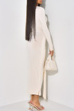 Apricot Elegant Solid Color Patchwork Ruched O Neck Long Dresses
