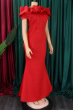 Red Elegant Solid Color Patchwork Backless Off Shoulder Long Dresses