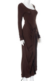 Apricot Elegant Solid Color Patchwork Ruched O Neck Long Dresses