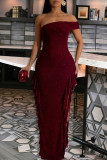 Apricot Elegant Solid Color Patchwork Backless High Slit Off Shoulder Irregular Dresses