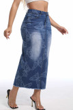 Blue Daily Butterfly Print Pocket Patchwork Slit Zipper Regular Mid Waist Straight Patchwork Bottoms