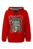 Red Casual Party Skull Head Cartoon Print Letters Draw String Pocket Hooded Tops