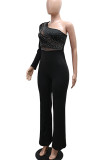 Black Casual Patchwork Backless Hot Drill Oblique Collar Regular Jumpsuits