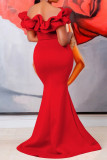 Red Elegant Solid Color Patchwork Backless Off Shoulder Long Dresses