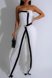 White Daily Buttons Patchwork Contrast Strapless Regular Jumpsuits