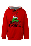 Red Casual Party Skull Head Cartoon Print Letters Draw String Pocket Hooded Tops