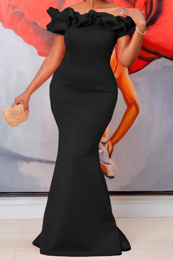 Black Elegant Solid Color Patchwork Backless Off Shoulder Long Dresses
