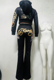 Black Casual Print Draw String Patchwork Zipper Zipper Collar Long Sleeve Two Pieces