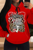 Red Casual Party Skull Head Cartoon Print Letters Draw String Pocket Hooded Tops