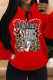 Red-brown Casual Party Skull Head Cartoon Print Letters Draw String Pocket Hooded Tops