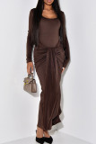Apricot Elegant Solid Color Patchwork Ruched O Neck Long Dresses
