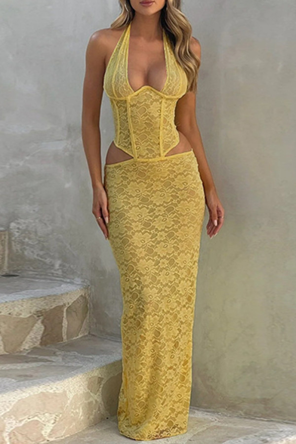 Yellow Sexy Solid Color Lace Hollow Out Patchwork Slit Deep V Neck Long Dresses