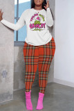 White Red Casual Print Basic O Neck Long Sleeve Two Pieces