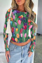 Green Casual Street Geometric Print Contrast O Neck Tops