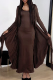 Apricot Elegant Solid Color Patchwork Ruched O Neck Long Dresses