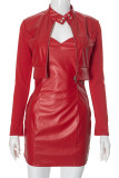 Red Street Solid Color Buttons Patchwork Zipper Mandarin Collar Long Sleeve Two Pieces