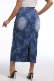 Blue Daily Butterfly Print Pocket Patchwork Slit Zipper Regular Mid Waist Straight Patchwork Bottoms