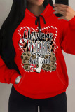 Red Casual Party Skull Head Cartoon Print Letters Draw String Pocket Hooded Tops