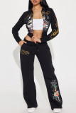 Black Casual Print Draw String Patchwork Zipper Zipper Collar Long Sleeve Two Pieces
