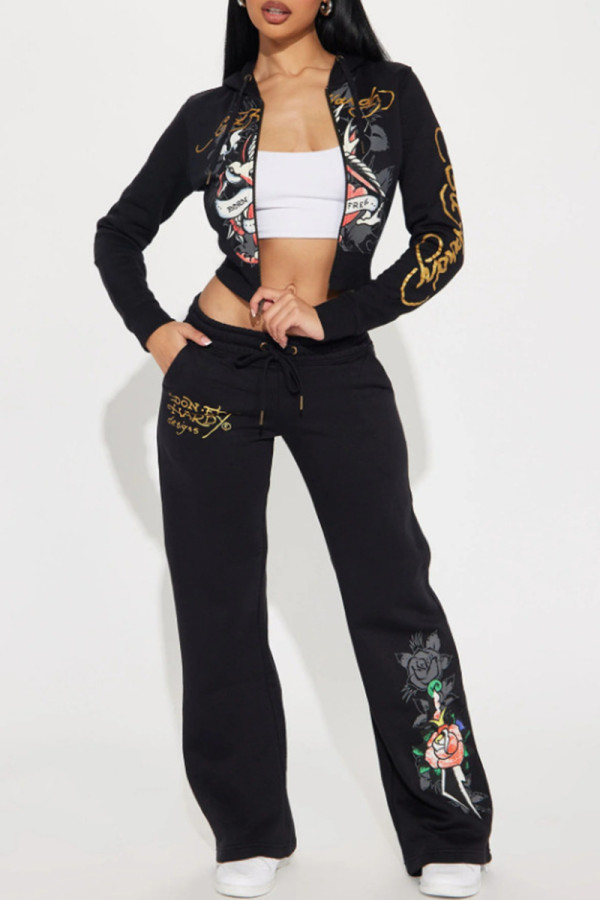 Black Casual Print Draw String Patchwork Zipper Zipper Collar Long Sleeve Two Pieces