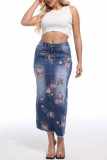 Blue Daily Print Pocket Patchwork Zipper Regular Mid Waist Straight Patchwork Bottoms
