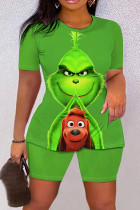 Fluorescent Green Casual Cartoon Print Basic O Neck Short Sleeve Two Pieces