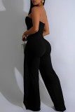 White Daily Buttons Patchwork Contrast Strapless Regular Jumpsuits
