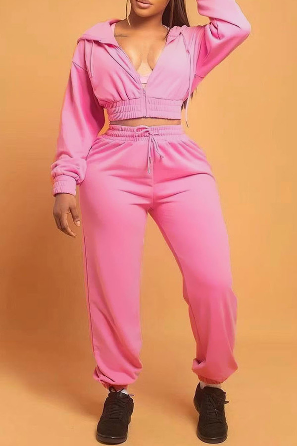 Pink Casual Solid Color Draw String Patchwork Zipper Zipper Collar Long Sleeve Two Pieces