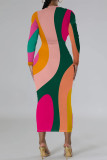 Burgundy Elegant Geometric Print Contrast O Neck Printed Dresses