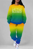 Blue Red Casual Street Letter Print Gradient Draw String Pocket Contrast O Neck Long Sleeve Two Pieces