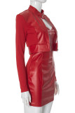 Red Street Solid Color Buttons Patchwork Zipper Mandarin Collar Long Sleeve Two Pieces