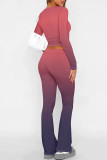 Burgundy Casual Street Gradient Print Contrast O Neck Long Sleeve Two Pieces