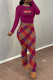 Rose Purple Casual Street Plaid Letter Print fruit Belted Contrast O Neck Long Sleeve Two Pieces