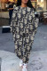 Grey Casual Street Letter Print Draw String Pocket Contrast O Neck Long Sleeve Two Pieces