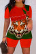 Red Green Casual Print Patchwork O Neck Short Sleeve Two Pieces