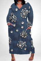 Dark Blue Casual Print Pocket Patchwork V Neck Straight Plus Size Dresses
