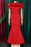 Red Elegant Solid Color Patchwork Backless Off Shoulder Long Dresses