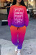 Red Purple Casual Street Letter Print Gradient Draw String Pocket Contrast O Neck Long Sleeve Two Pieces