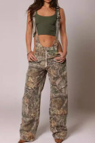 Camouflage Casual Faux Denim Print Hollow Out Patchwork Zipper Loose Jumpsuits