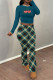 Peacock Blue Casual Street Plaid Letter Print fruit Belted Contrast O Neck Long Sleeve Two Pieces