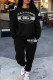 Black Casual Street Letter Print Draw String Pocket O Neck Long Sleeve Two Pieces