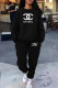 Black Casual Street Letter Print Draw String Pocket O Neck Long Sleeve Two Pieces