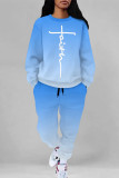 Blue Red Casual Street Letter Print Gradient Draw String Pocket Contrast O Neck Long Sleeve Two Pieces