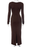 Apricot Elegant Solid Color Patchwork Ruched O Neck Long Dresses