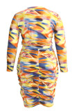 Yellow Casual Print Draw String Patchwork O Neck Plus Size Two Pieces