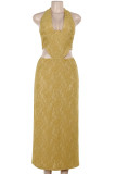 Yellow Sexy Solid Color Lace Hollow Out Patchwork Slit Deep V Neck Long Dresses