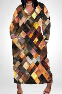 Brown Casual Print Pocket Patchwork V Neck Straight Plus Size Dresses
