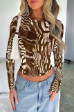 Coffee Casual Street Geometric Print Leopard Contrast O Neck Tops