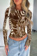 Coffee Casual Street Geometric Print Leopard Contrast O Neck Tops