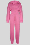 Pink Casual Solid Color Draw String Patchwork Zipper Zipper Collar Long Sleeve Two Pieces